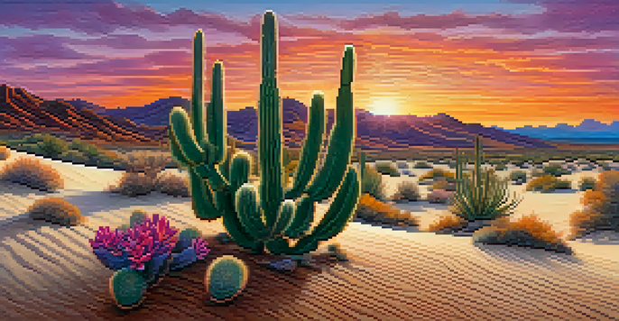 A desert landscape at sunset with a small peyote cactus in the foreground, surrounded by sand dunes and a colorful sky.