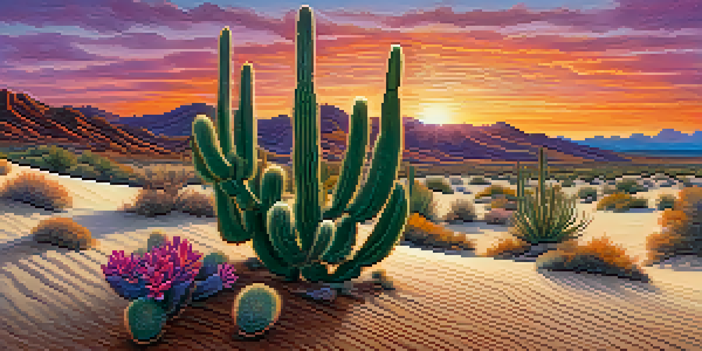 A desert landscape at sunset with a small peyote cactus in the foreground, surrounded by sand dunes and a colorful sky.