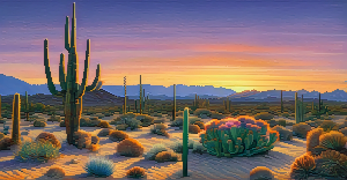 A desert landscape at sunset with a small peyote cactus in the foreground, vibrant sky colors reflecting on the sandy ground.