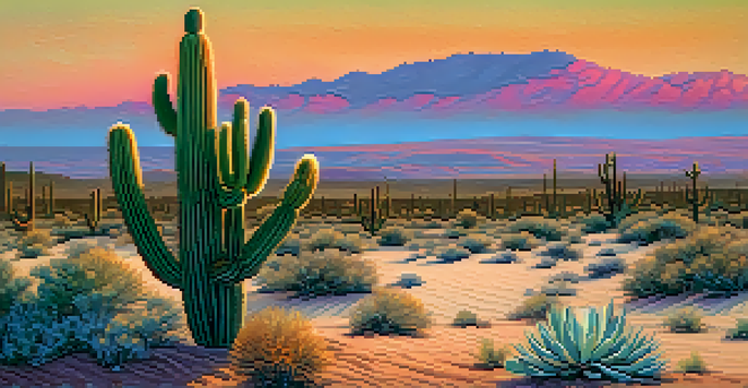 A desert landscape at sunset with a small peyote cactus in the foreground, vibrant colors in the sky, and soft shadows.