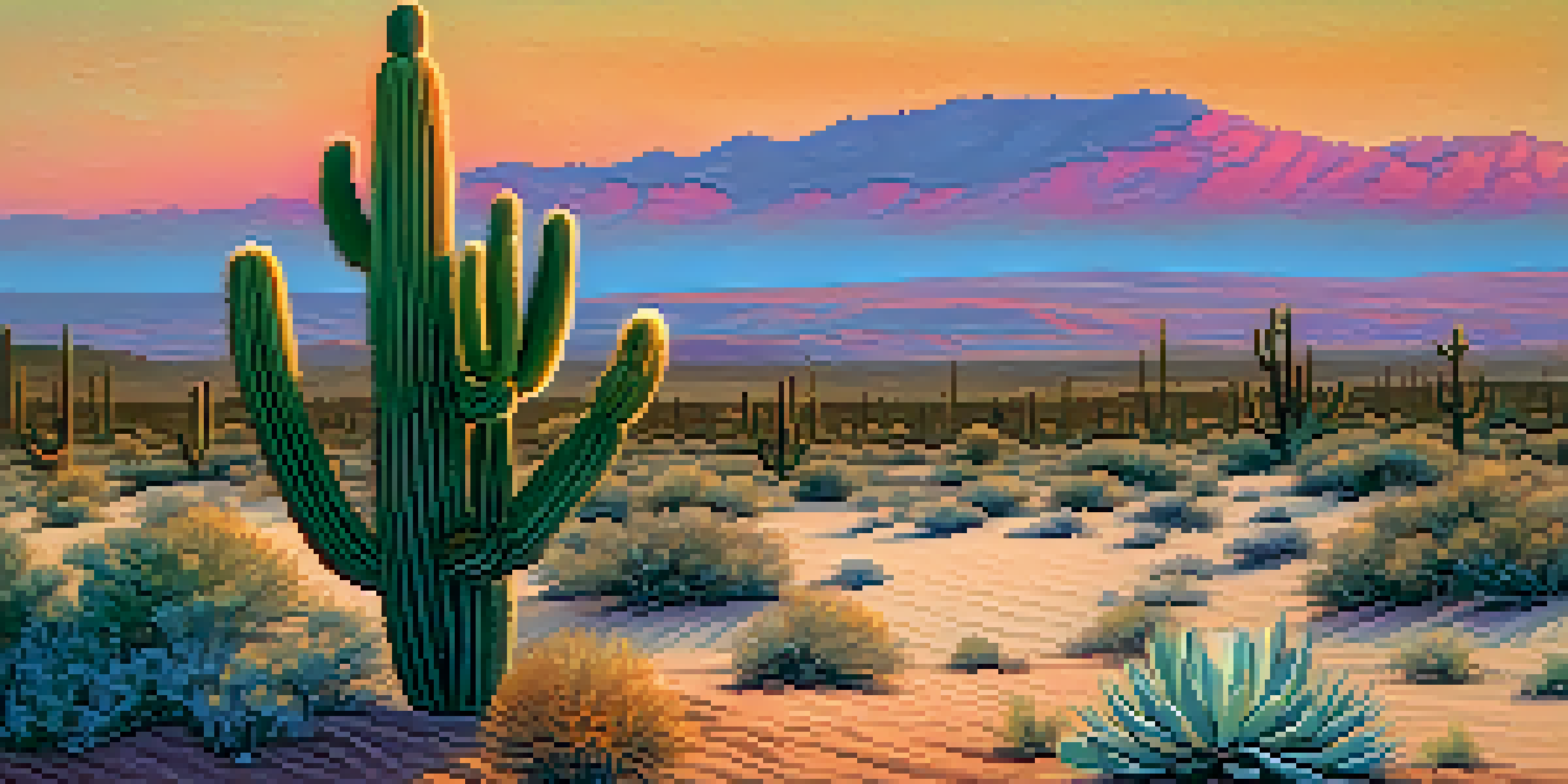 A desert landscape at sunset with a small peyote cactus in the foreground, vibrant colors in the sky, and soft shadows.
