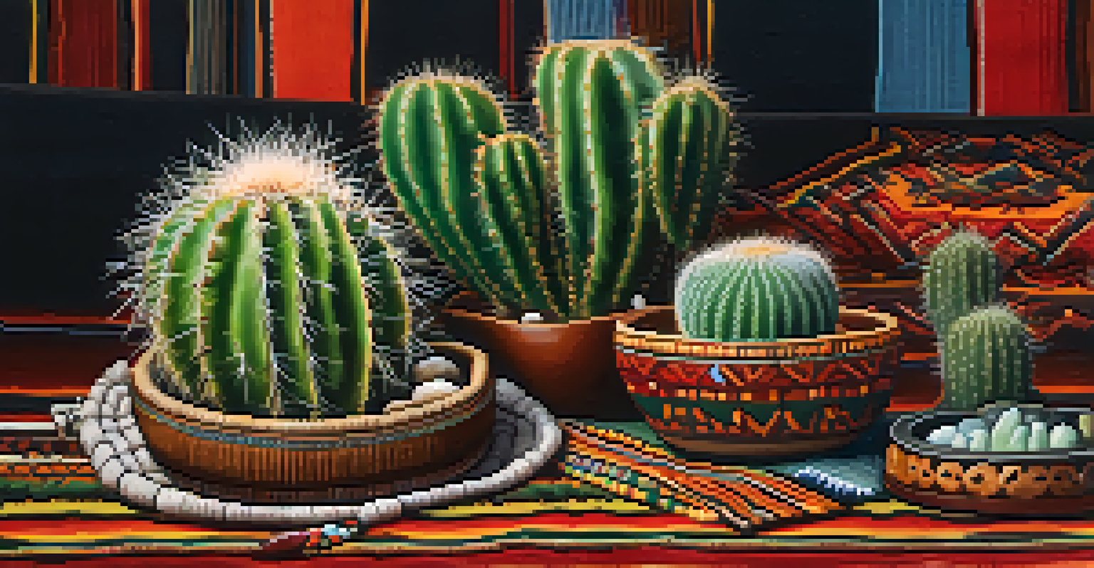 A close-up view of a peyote cactus on a woven cloth, surrounded by ceremonial items, with soft lighting emphasizing the textures.
