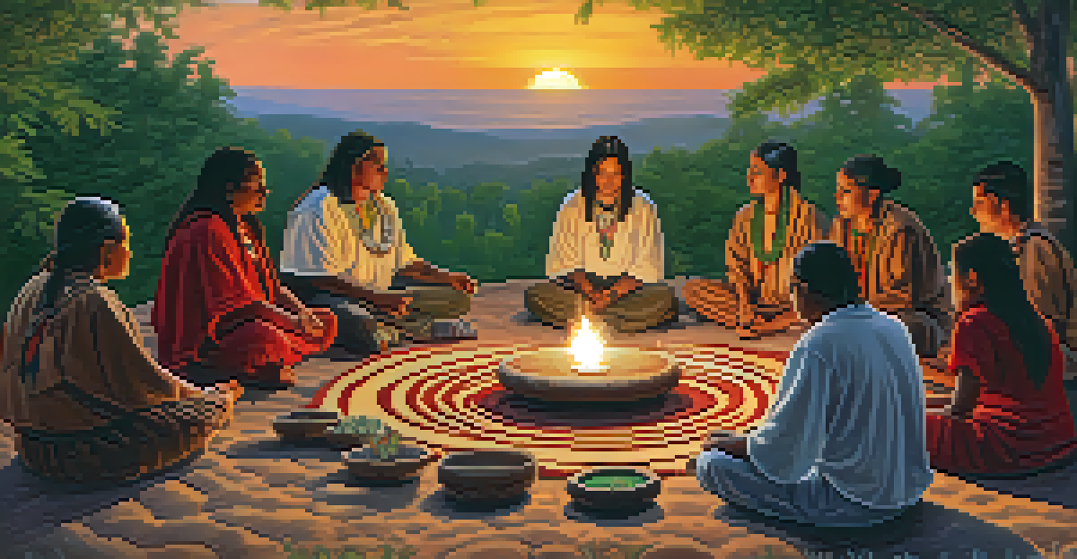 Indigenous individuals participating in a peyote ceremony outdoors, surrounded by greenery and a sunset.