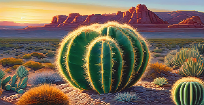 Close-up of a Peyote cactus in a desert landscape during sunset, surrounded by desert plants.