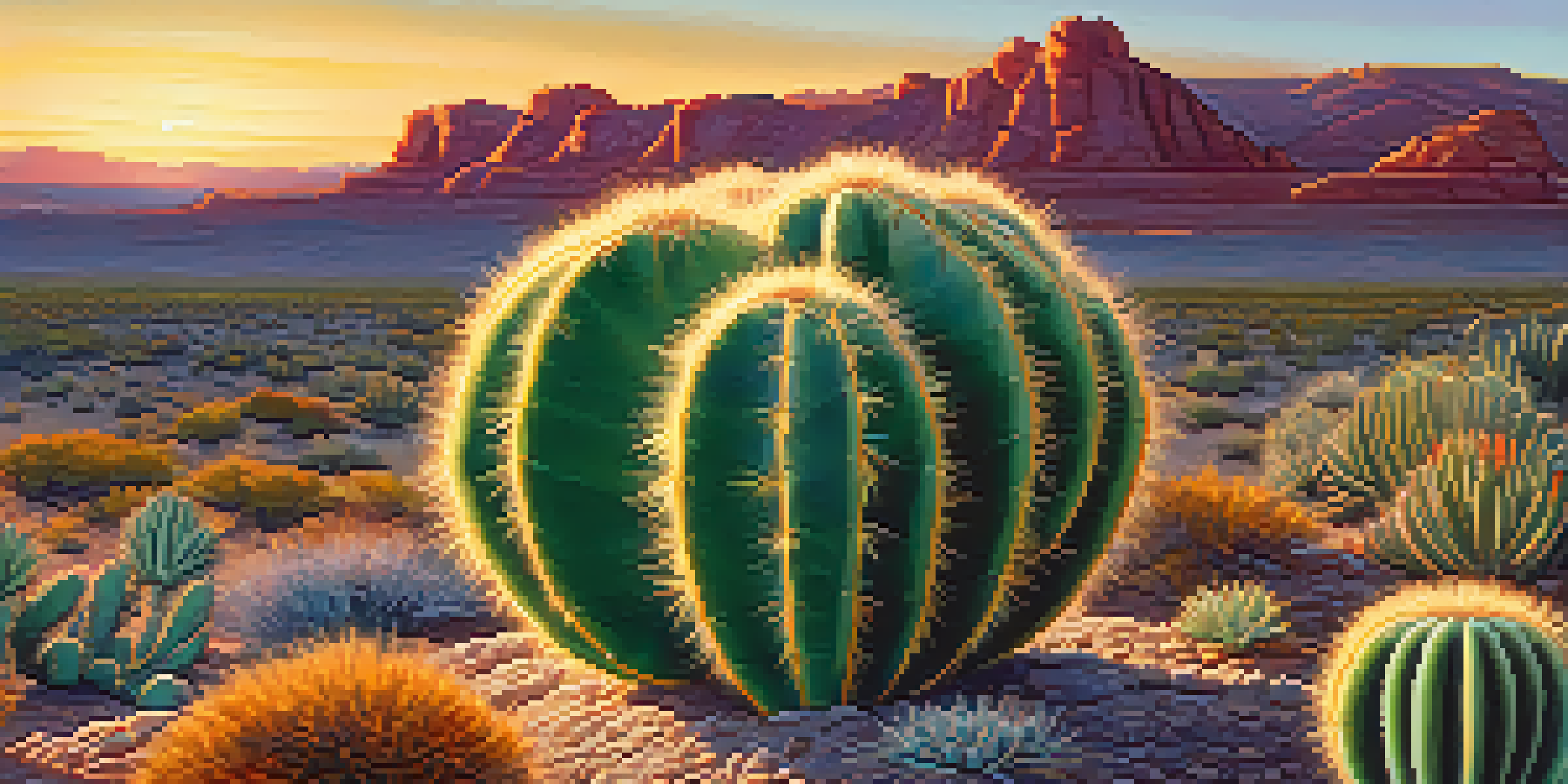 Close-up of a Peyote cactus in a desert landscape during sunset, surrounded by desert plants.