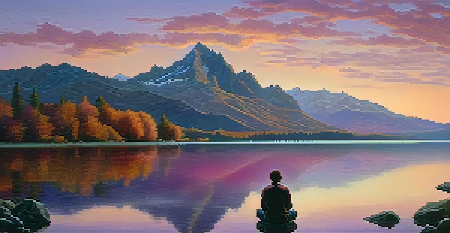 A stunning sunset over a lake surrounded by mountains, with a person sitting on the shore in deep thought.