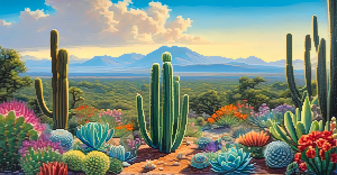 A beautiful landscape featuring a peyote cactus surrounded by colorful wildflowers and greenery under a clear blue sky.