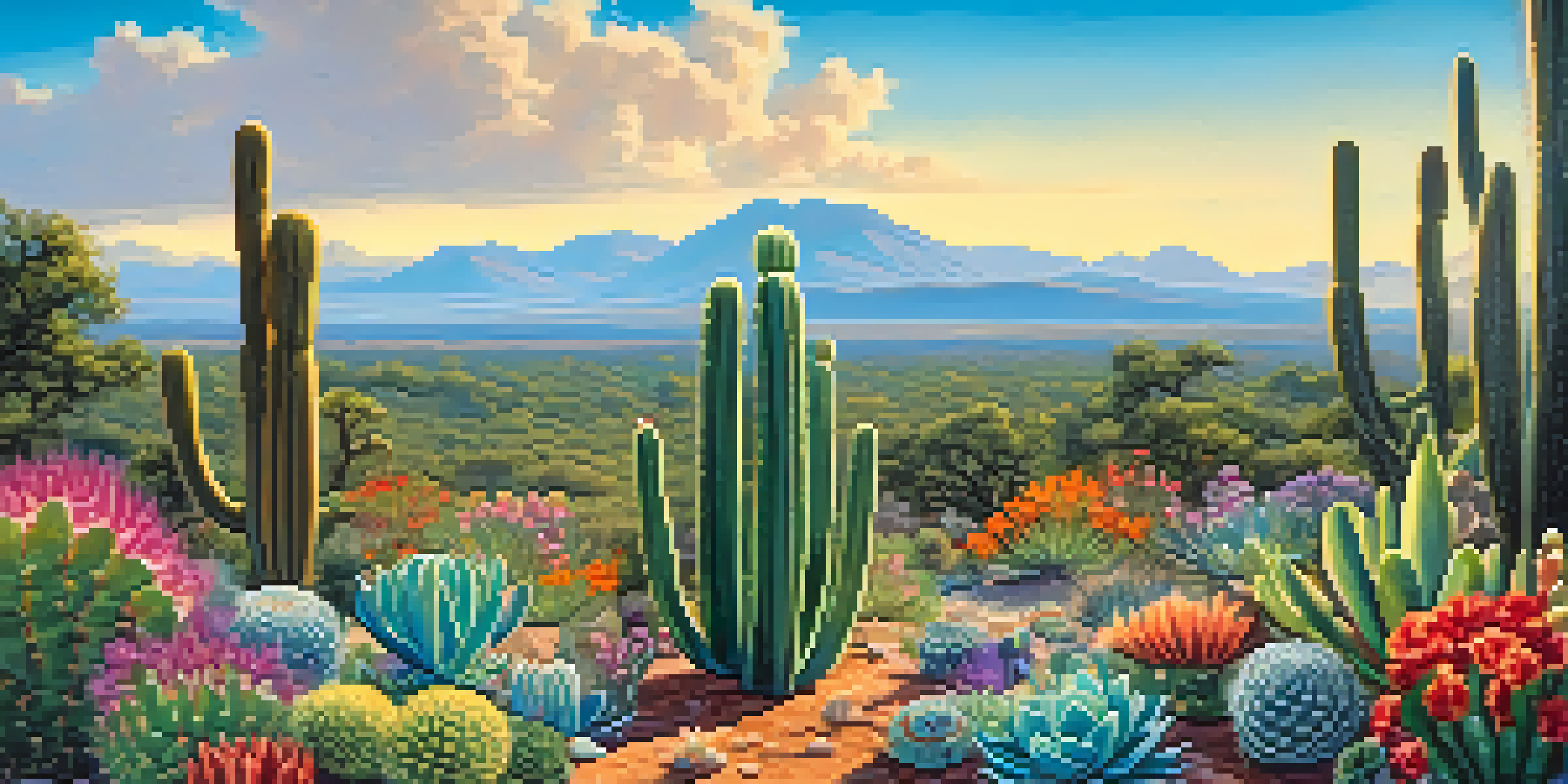 A beautiful landscape featuring a peyote cactus surrounded by colorful wildflowers and greenery under a clear blue sky.