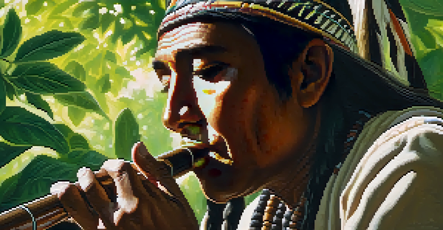 A Native American musician playing a carved flute amidst greenery.