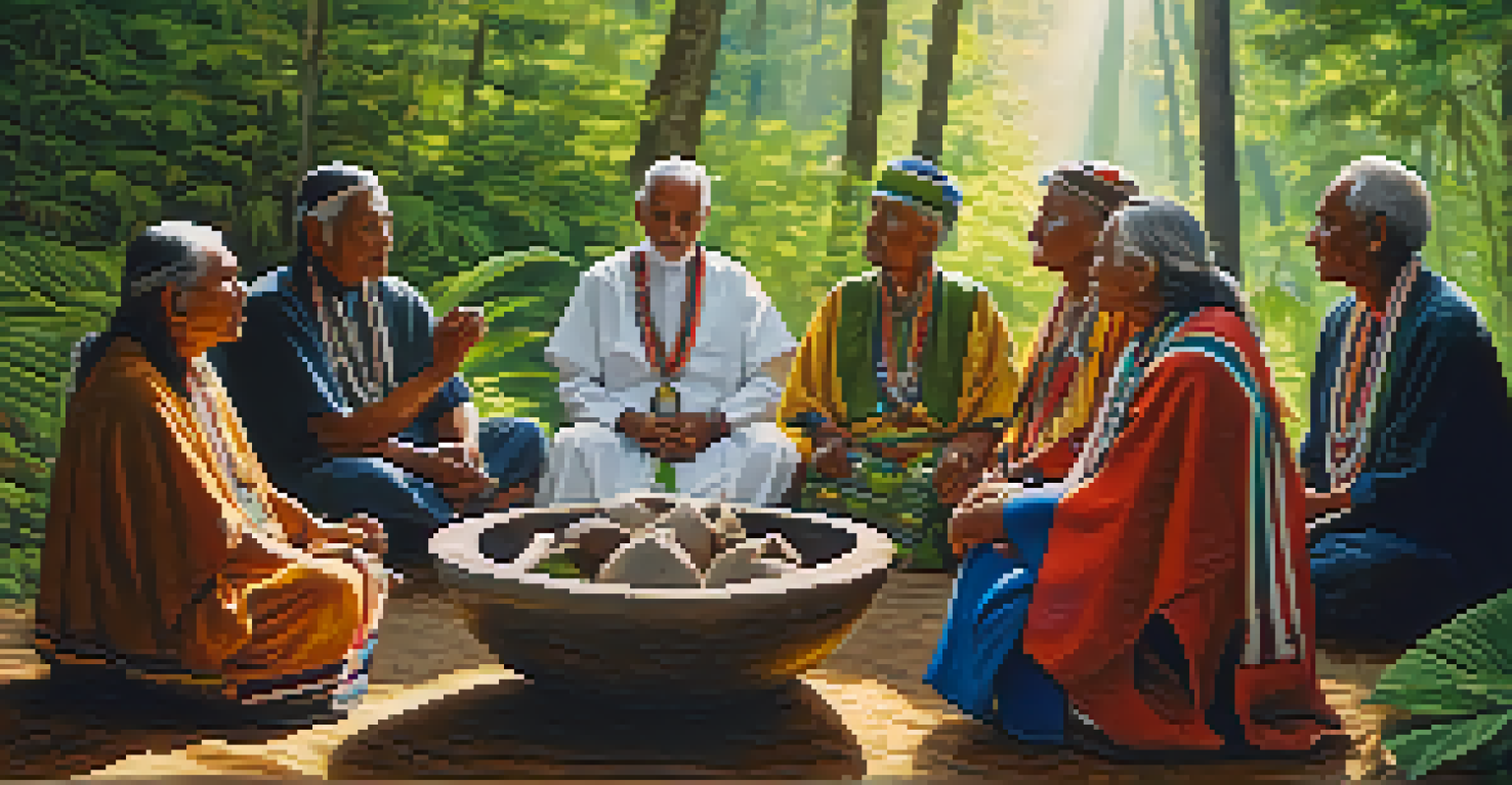Elders sharing wisdom in a peyote ceremony, surrounded by a lush forest, with dappled sunlight filtering through the trees.
