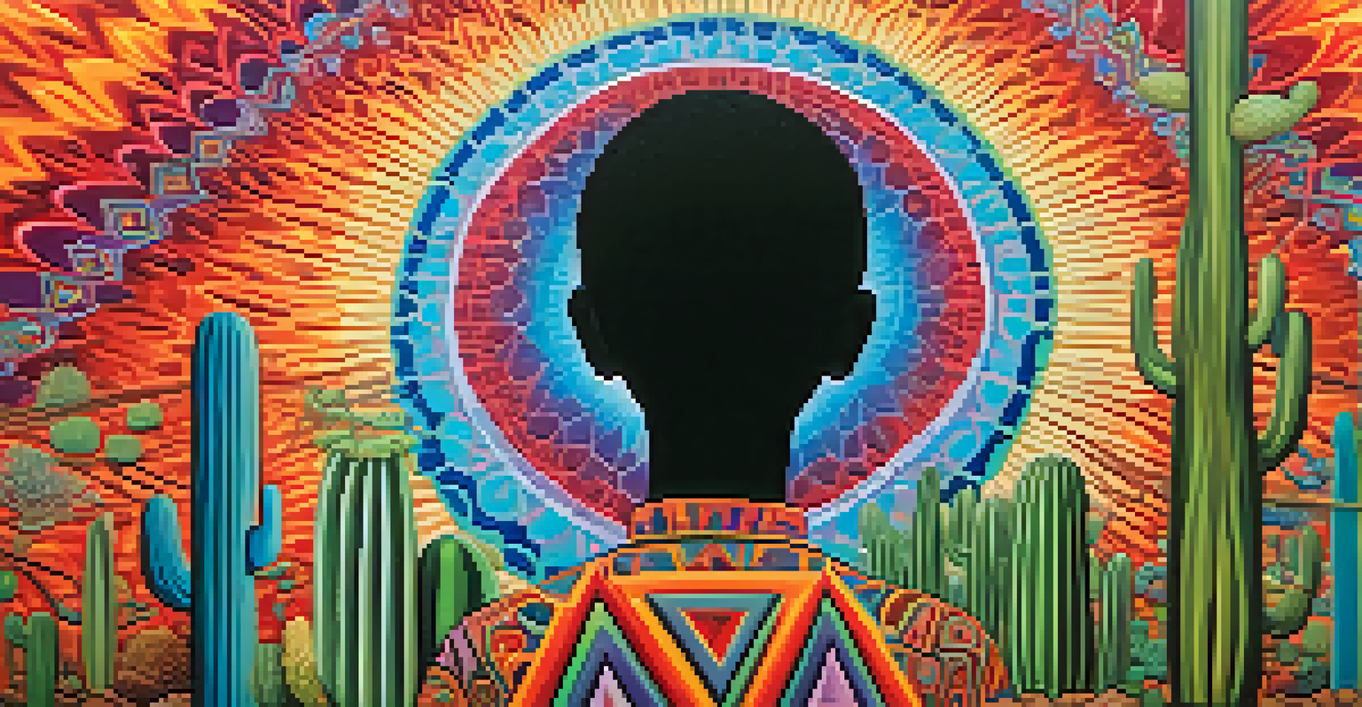 A silhouette of a person meditating, surrounded by colorful abstract patterns and peyote cacti.