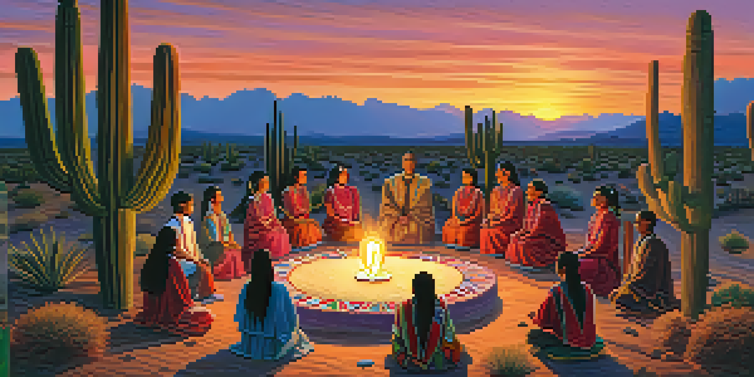 Participants in traditional attire gathered in a circle during a peyote ceremony in a desert landscape at dusk, with an altar in the foreground.