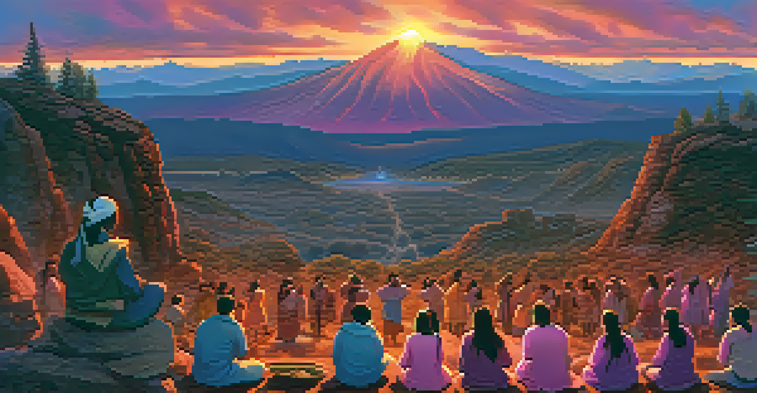A sunset view of mountains with silhouettes of people participating in a ceremony, conveying a sense of spirituality.