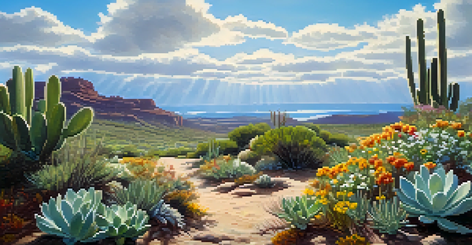 A peaceful natural scene with a peyote cactus and colorful wildflowers under a blue sky with fluffy clouds.