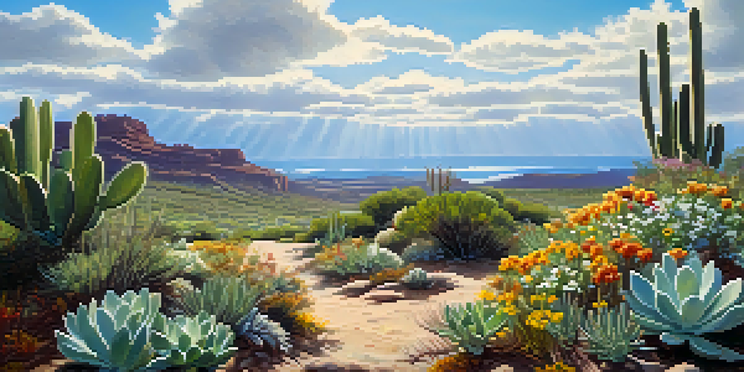 A peaceful natural scene with a peyote cactus and colorful wildflowers under a blue sky with fluffy clouds.