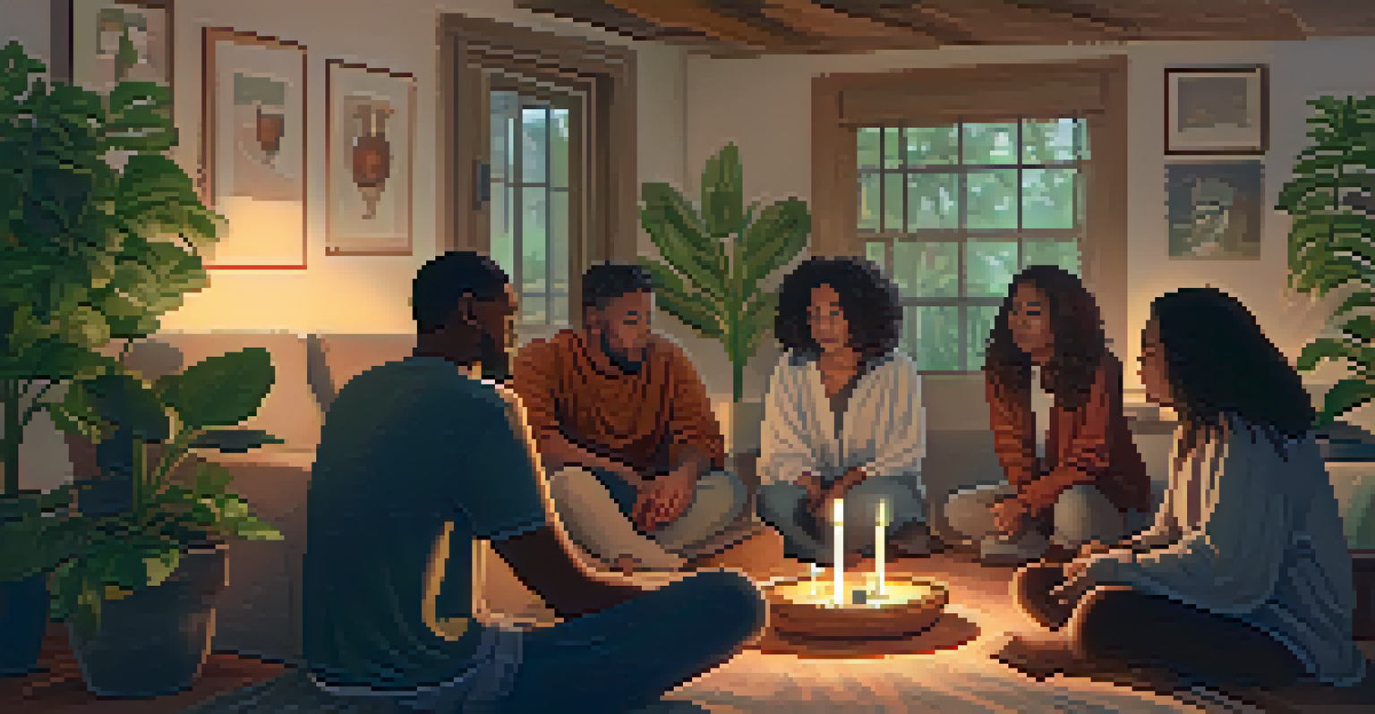 A diverse group of people in a warmly lit room, sharing experiences in a supportive circle with candles and plants.