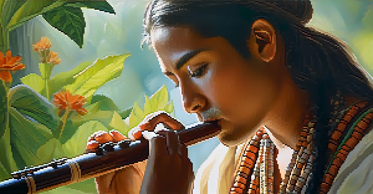 A close-up of a musician playing a wooden flute during a Peyote ceremony, with nature softly blurred in the background.