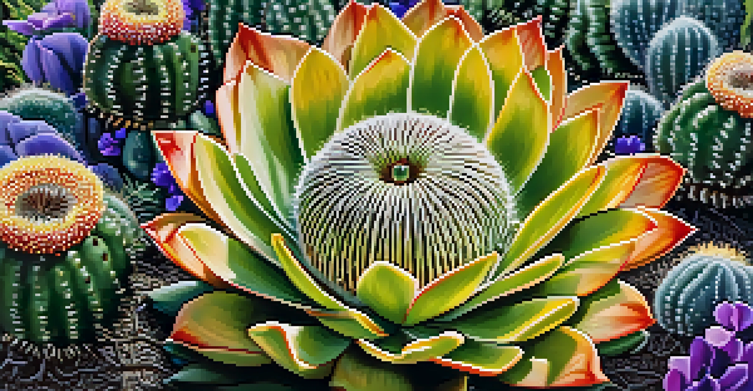 A detailed close-up of a peyote cactus showcasing its intricate patterns, with colorful wildflowers in the background.