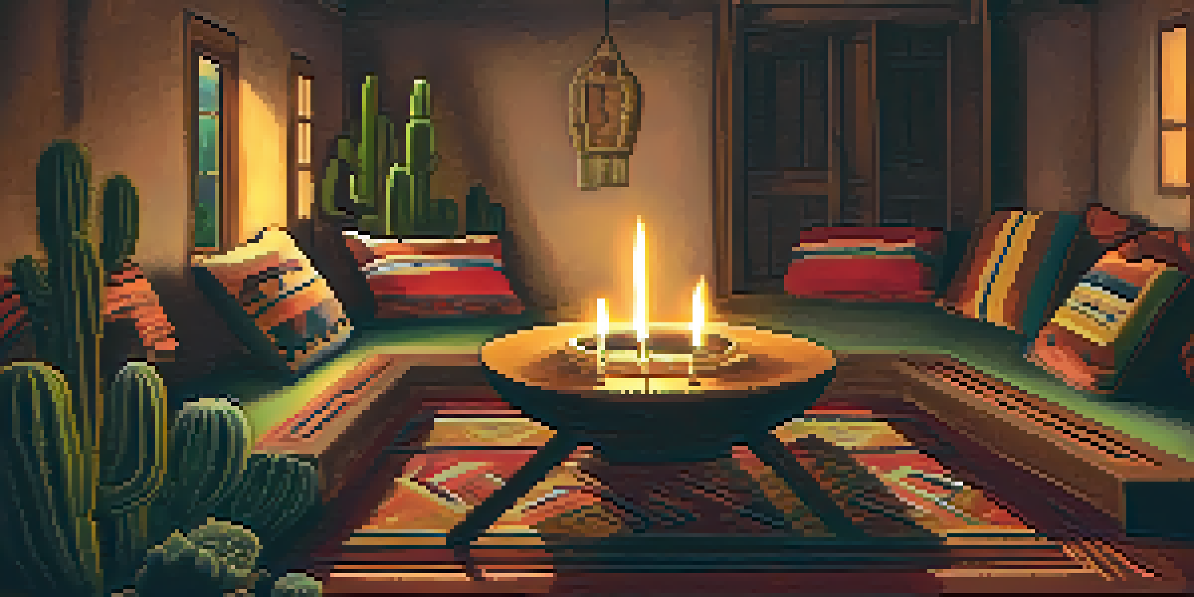 A peaceful Peyote ceremony environment with warm lighting, cushions, blankets, and spiritual tools on display.