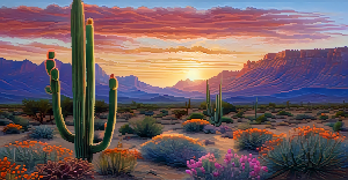 A desert landscape featuring a peyote cactus with a colorful sunset in the background.
