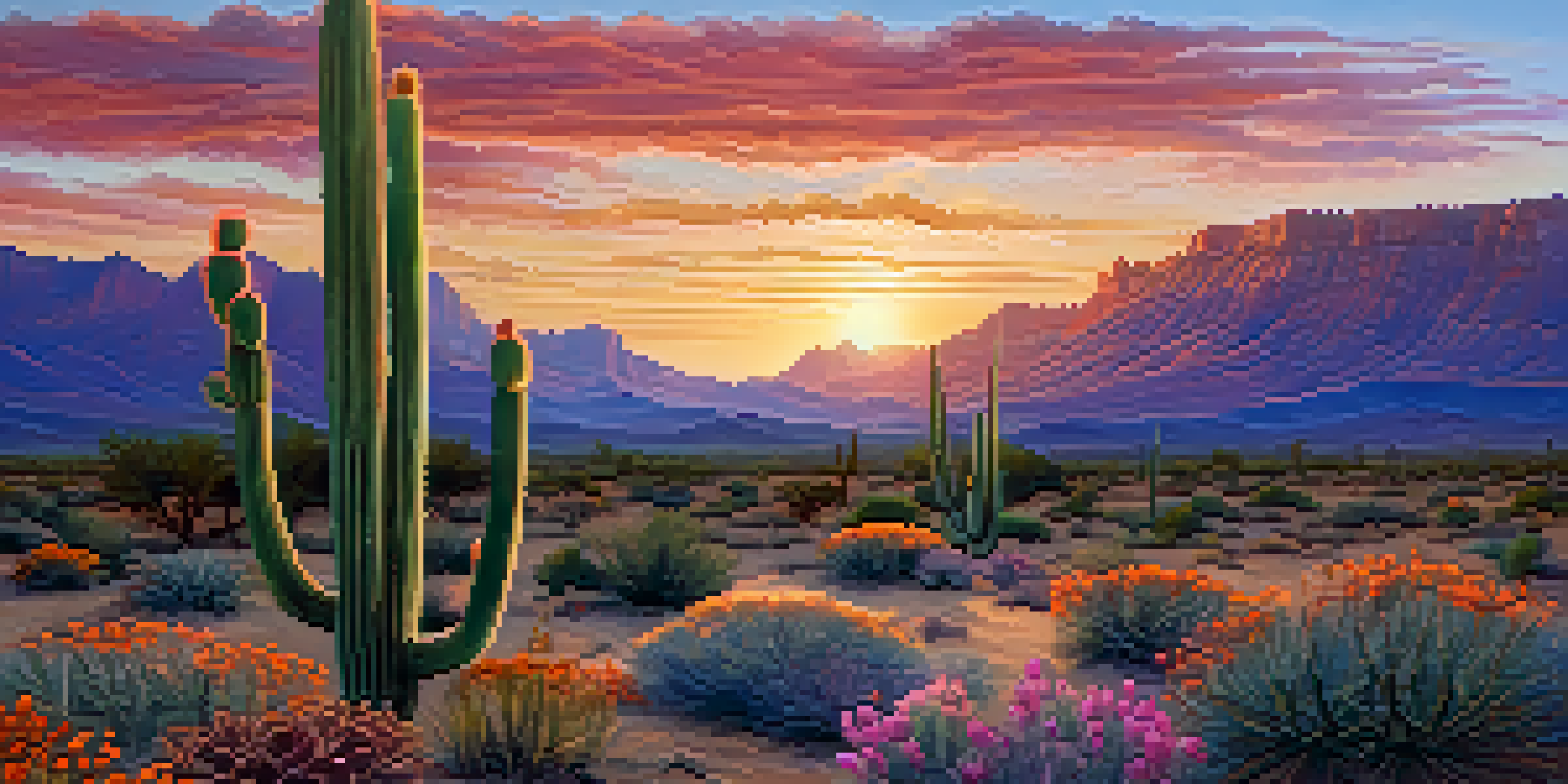 A desert landscape featuring a peyote cactus with a colorful sunset in the background.