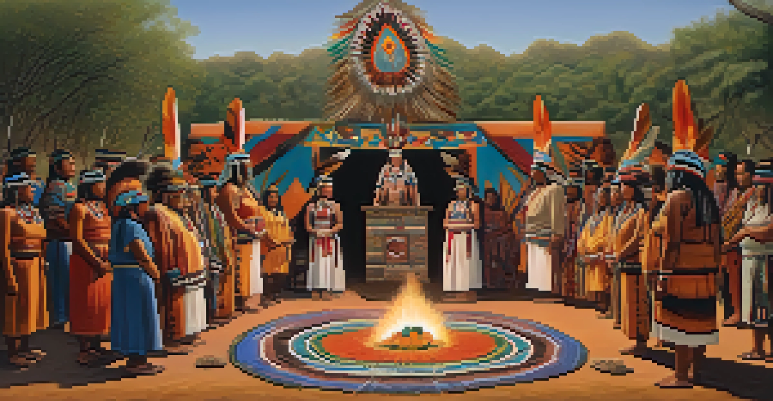 Participants in a traditional Indigenous ceremony with peyote at a natural altar, warm lighting, and cultural attire.