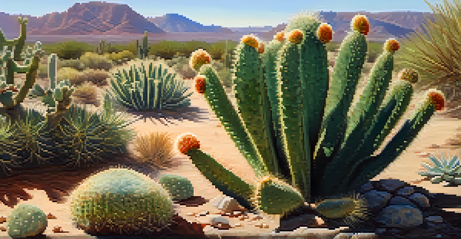 A detailed close-up of a peyote cactus surrounded by desert plants, showcasing its unique features and textures in bright sunlight.