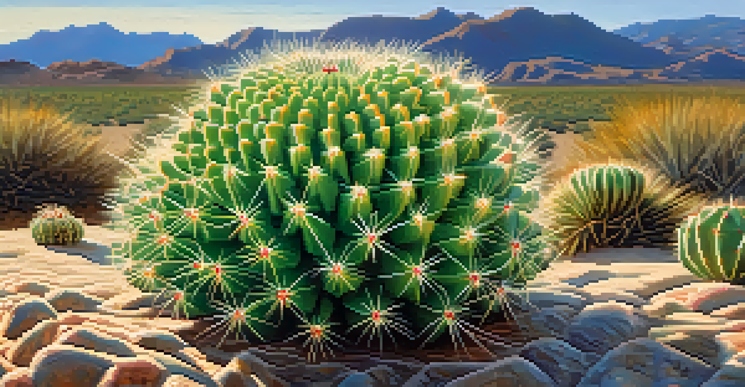 A close-up view of a peyote cactus with detailed textures, set against blurred desert grasses in sunlight.