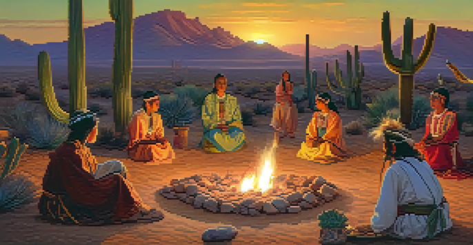 A group of people gathered around a fire during a Peyote ceremony in a desert landscape, wearing traditional attire, with a vibrant sunset in the background.