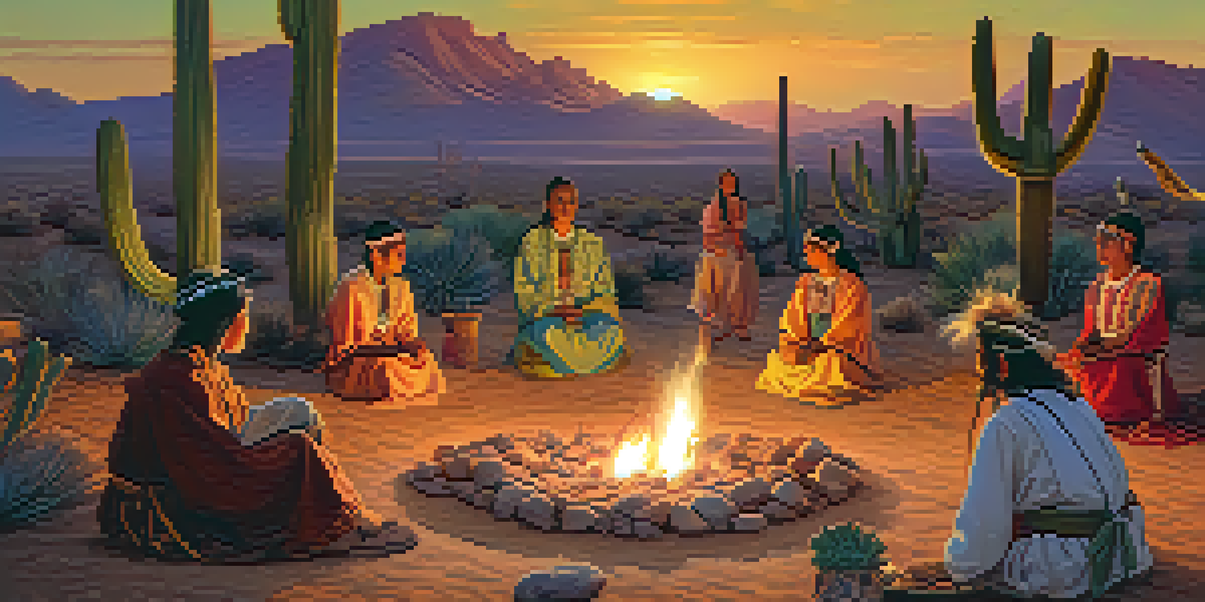 A group of people gathered around a fire during a Peyote ceremony in a desert landscape, wearing traditional attire, with a vibrant sunset in the background.