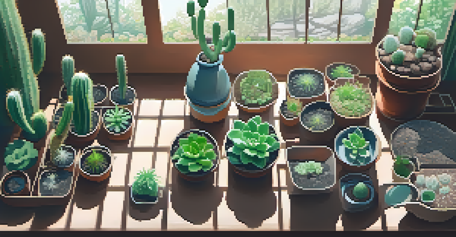 An overhead view of a propagation setup for Peyote cacti, showing pots with soil, soaking seeds, and a cactus cutting under a dome.