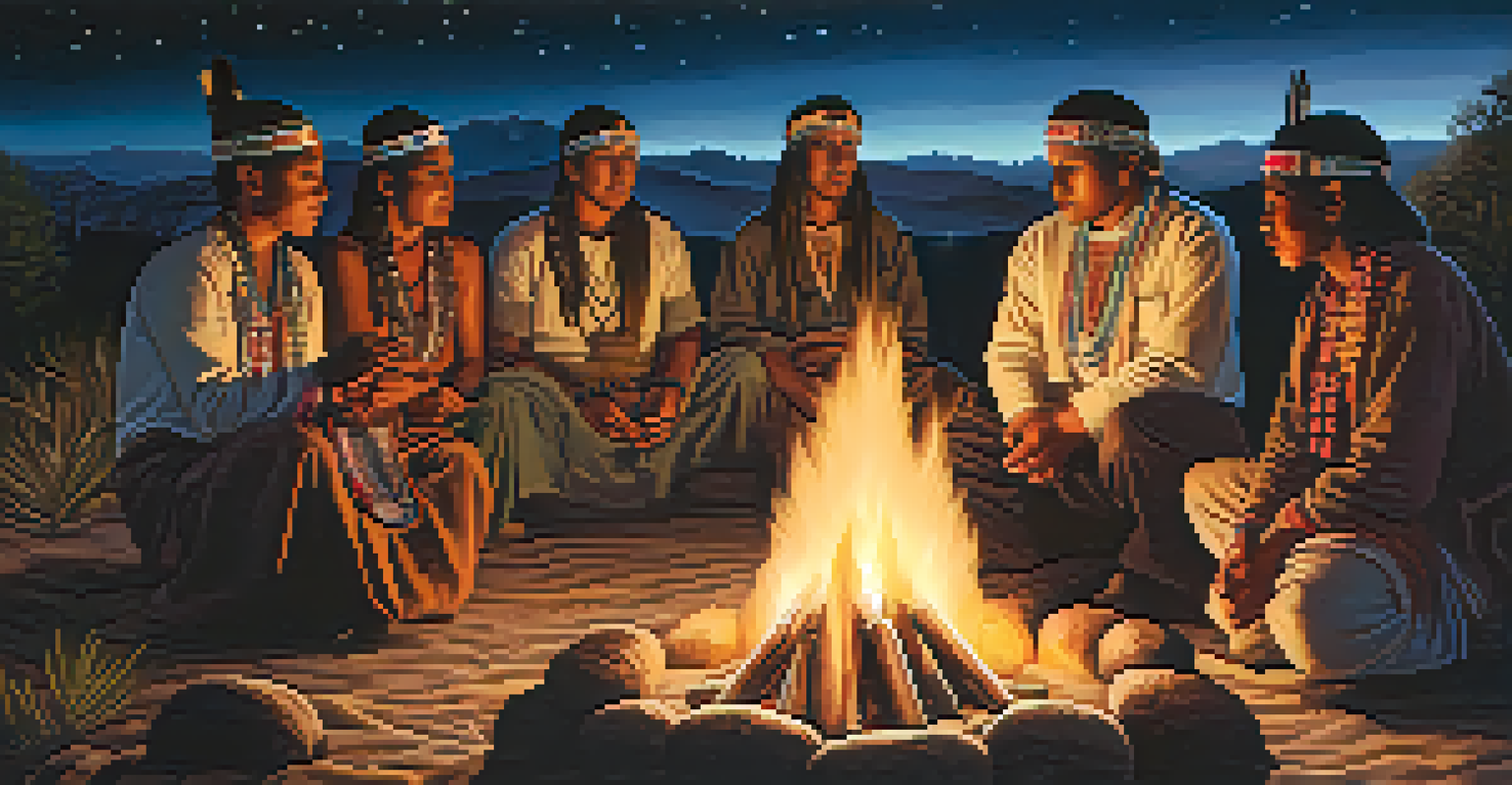 Indigenous individuals participating in a peyote ceremony around a fire under a starry sky.