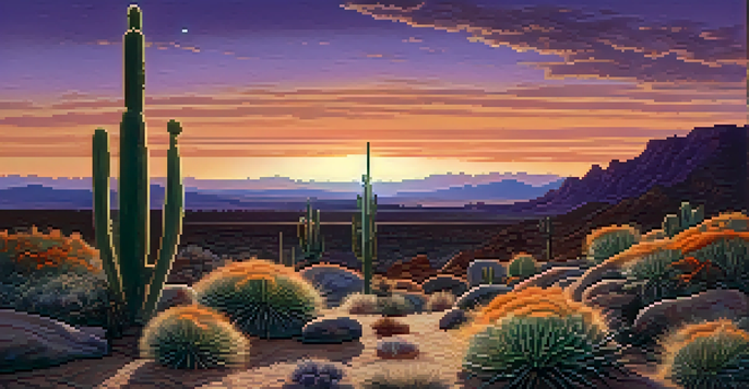 A desert landscape at dusk with a small peyote cactus in the foreground, purple and orange sky, and distant mountains.