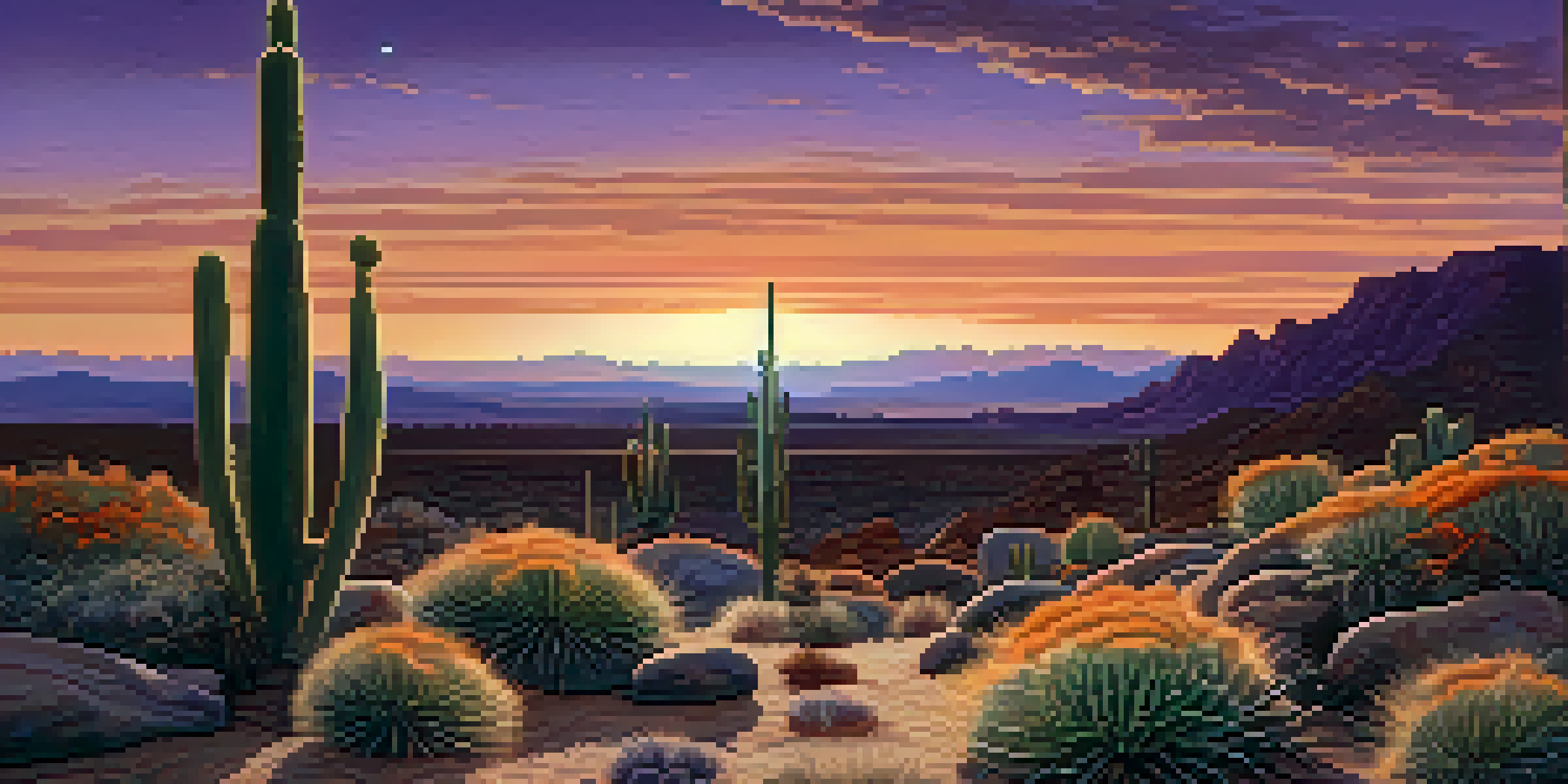 A desert landscape at dusk with a small peyote cactus in the foreground, purple and orange sky, and distant mountains.