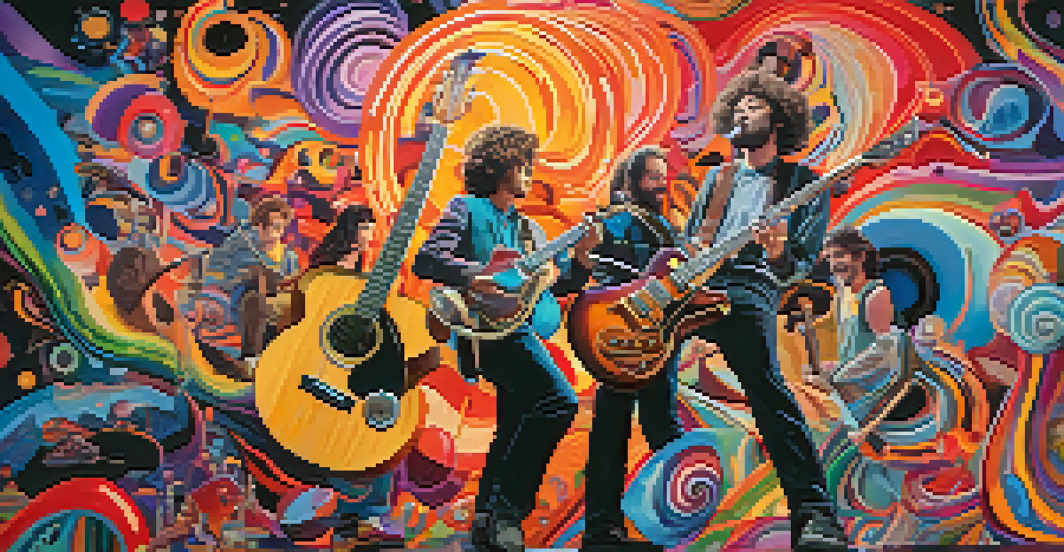 An abstract image of musicians playing with swirling colors and psychedelic patterns around them, evoking a vibrant indie music scene.