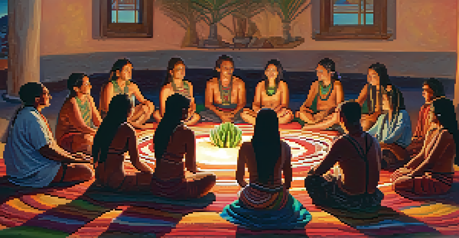 A group of Indigenous people in a circle during a peyote ceremony, with warm candlelight and a central peyote cactus.