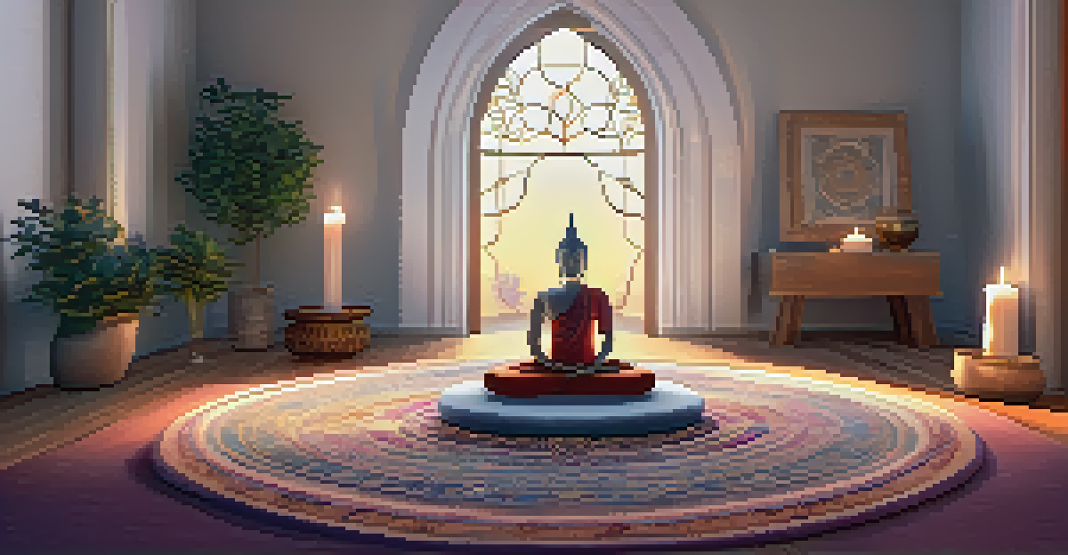 Serene indoor meditation space with soft ambient lighting, plush rug, and cushions arranged in a circle around a small altar with candles and crystals.