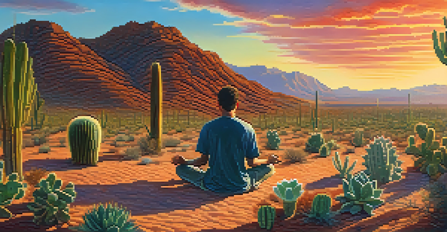 A person meditating in a desert landscape filled with Peyote cacti at sunset, embodying tranquility and introspection.