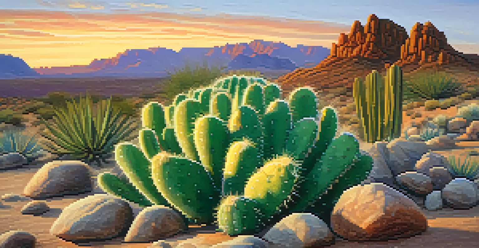 A close-up image of a peyote cactus in the desert at sunset, showcasing its spines and green color against a colorful sky.