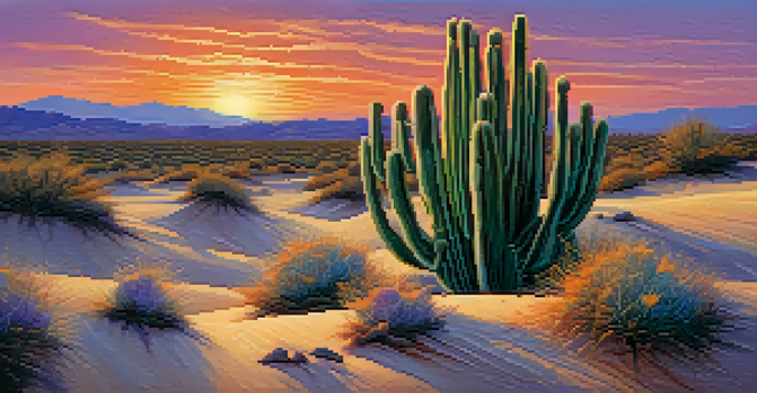 A close-up view of a peyote cactus in a desert landscape at dusk, with a colorful sunset sky.