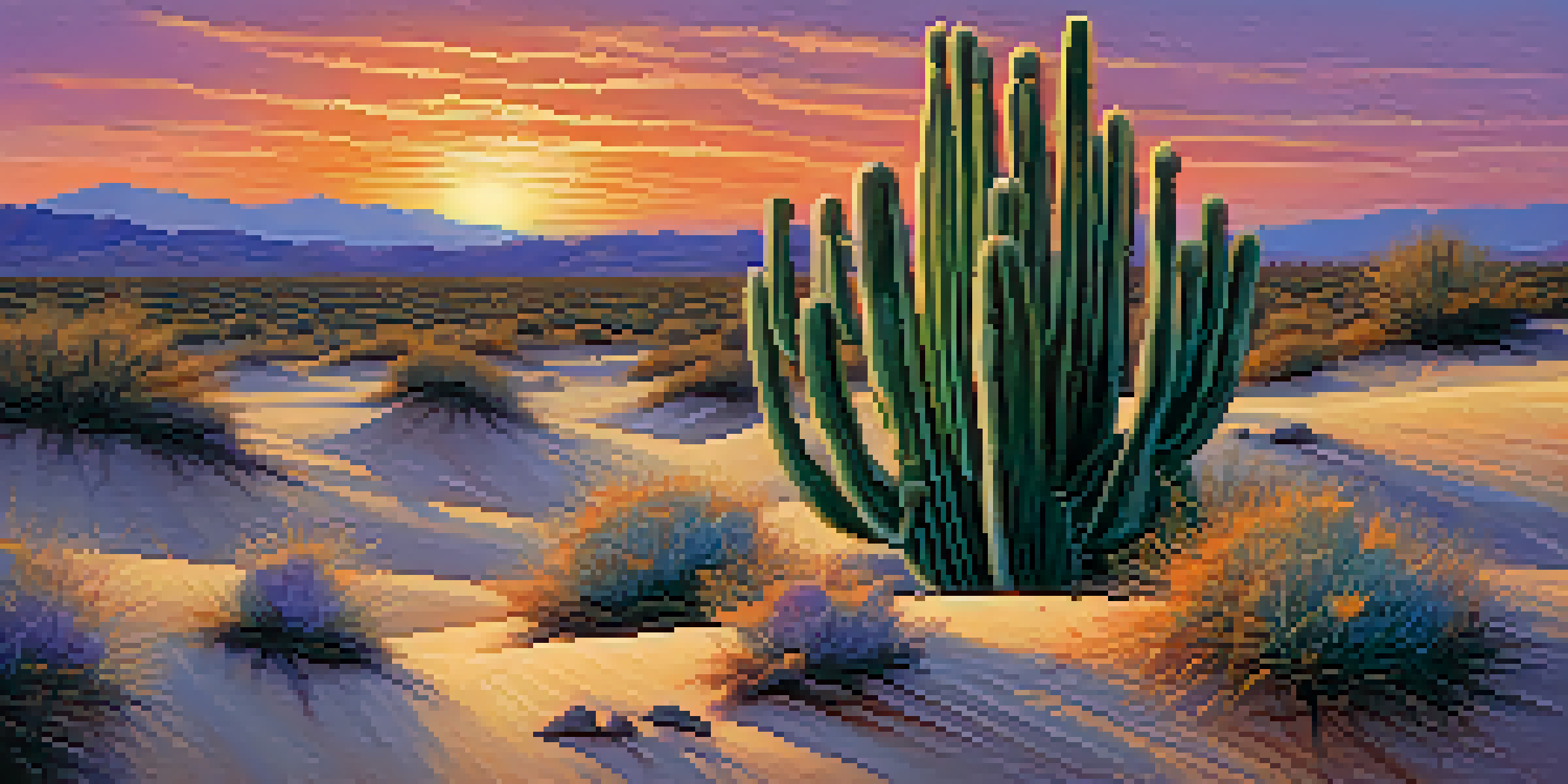 A close-up view of a peyote cactus in a desert landscape at dusk, with a colorful sunset sky.
