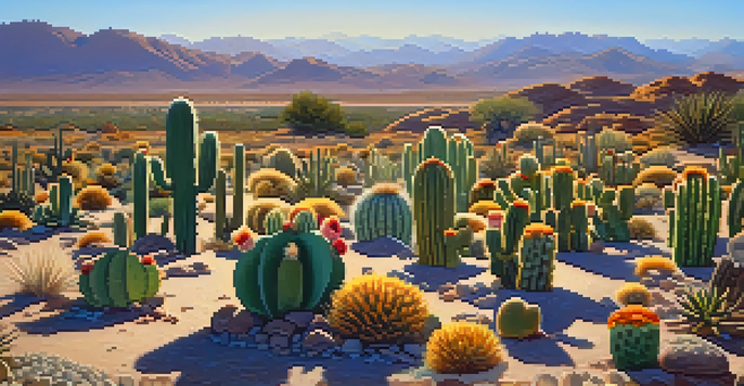 A field of peyote cacti in a desert landscape, with colorful blooms and a clear blue sky in the background.