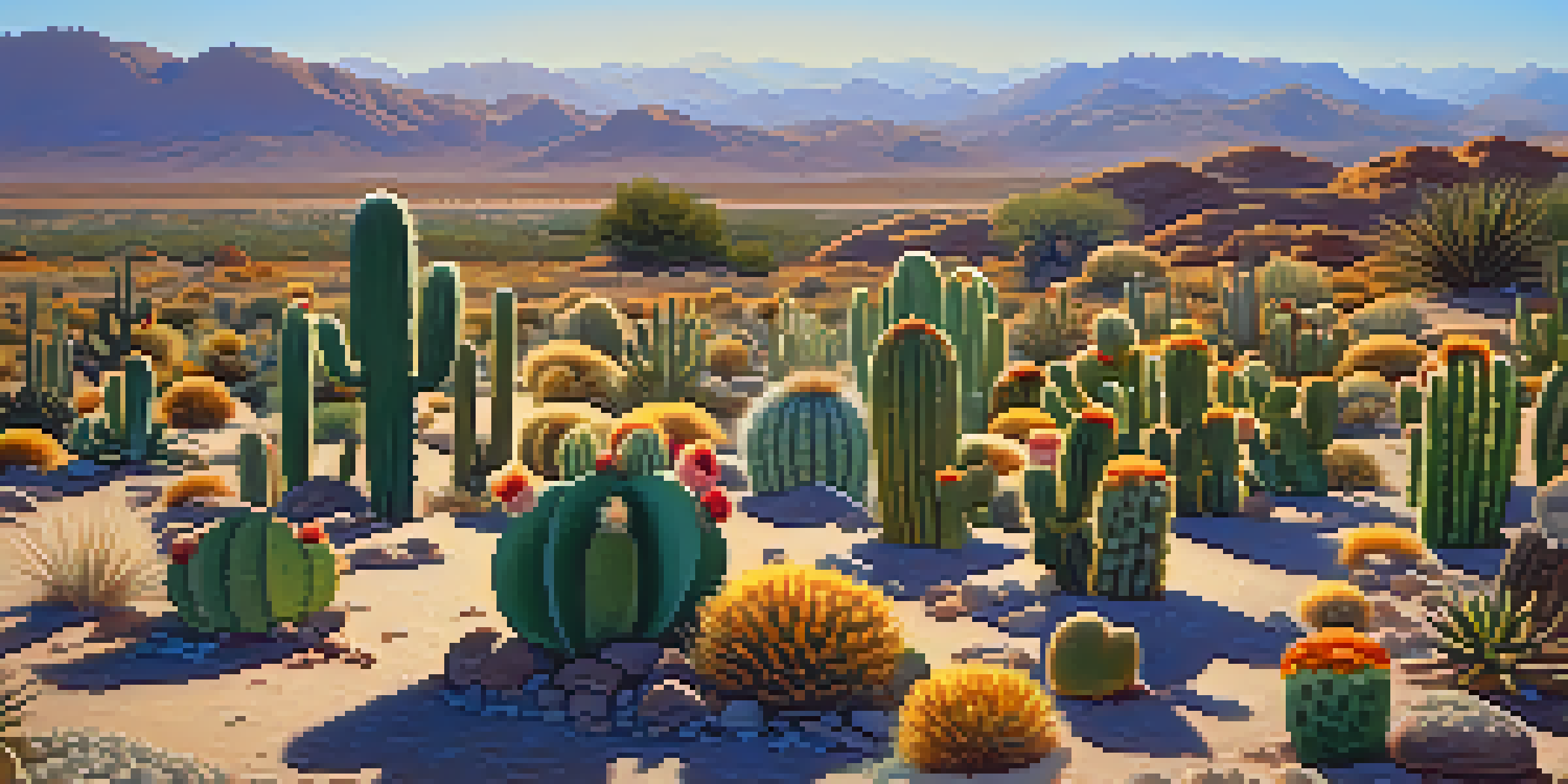 A field of peyote cacti in a desert landscape, with colorful blooms and a clear blue sky in the background.