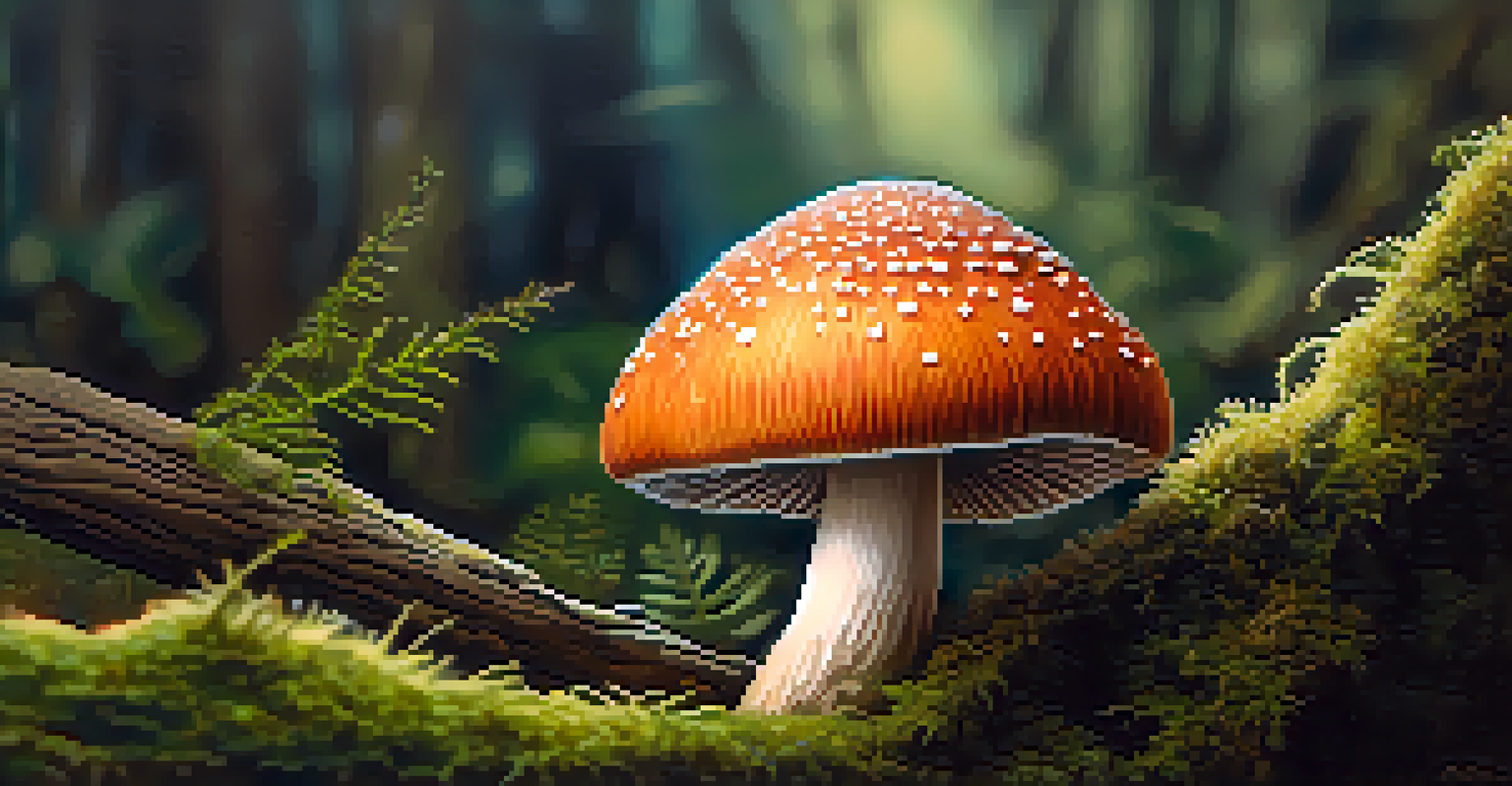 A close-up of a psilocybin mushroom on moss, highlighting its textures and colors.