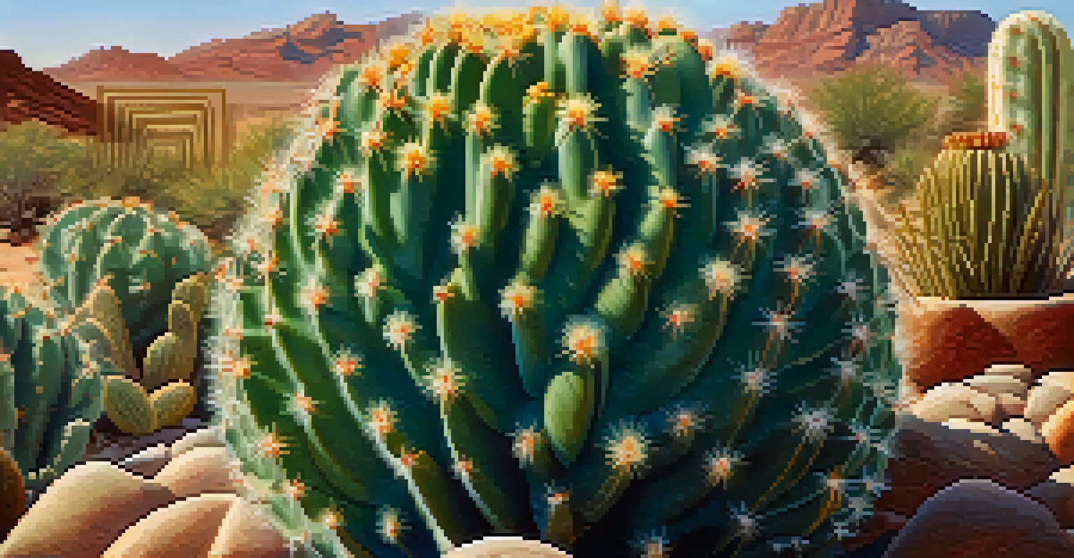 A close-up view of a peyote cactus, highlighting its intricate spines and colors, with a blurred desert background.