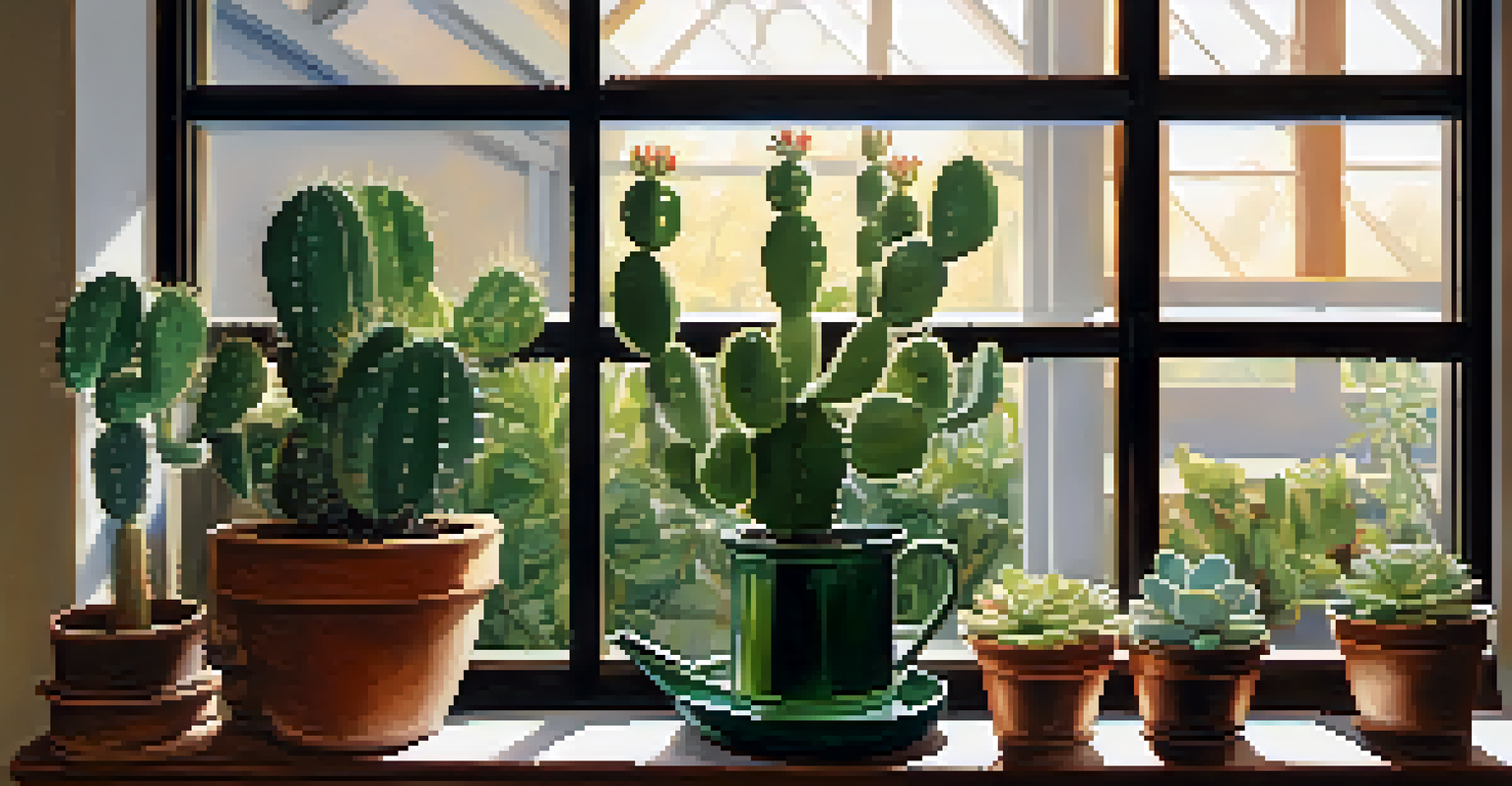 An indoor setting with a potted peyote cactus on a windowsill, surrounded by green plants and sunlight.