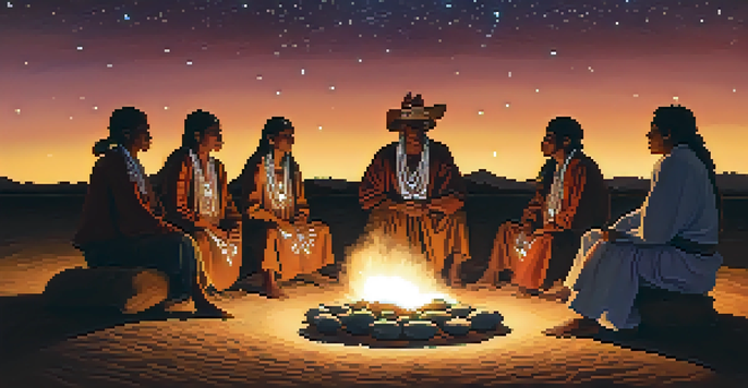 A group of Indigenous people sitting in a circle around a fire at night, wearing traditional clothing, with a starry sky above.