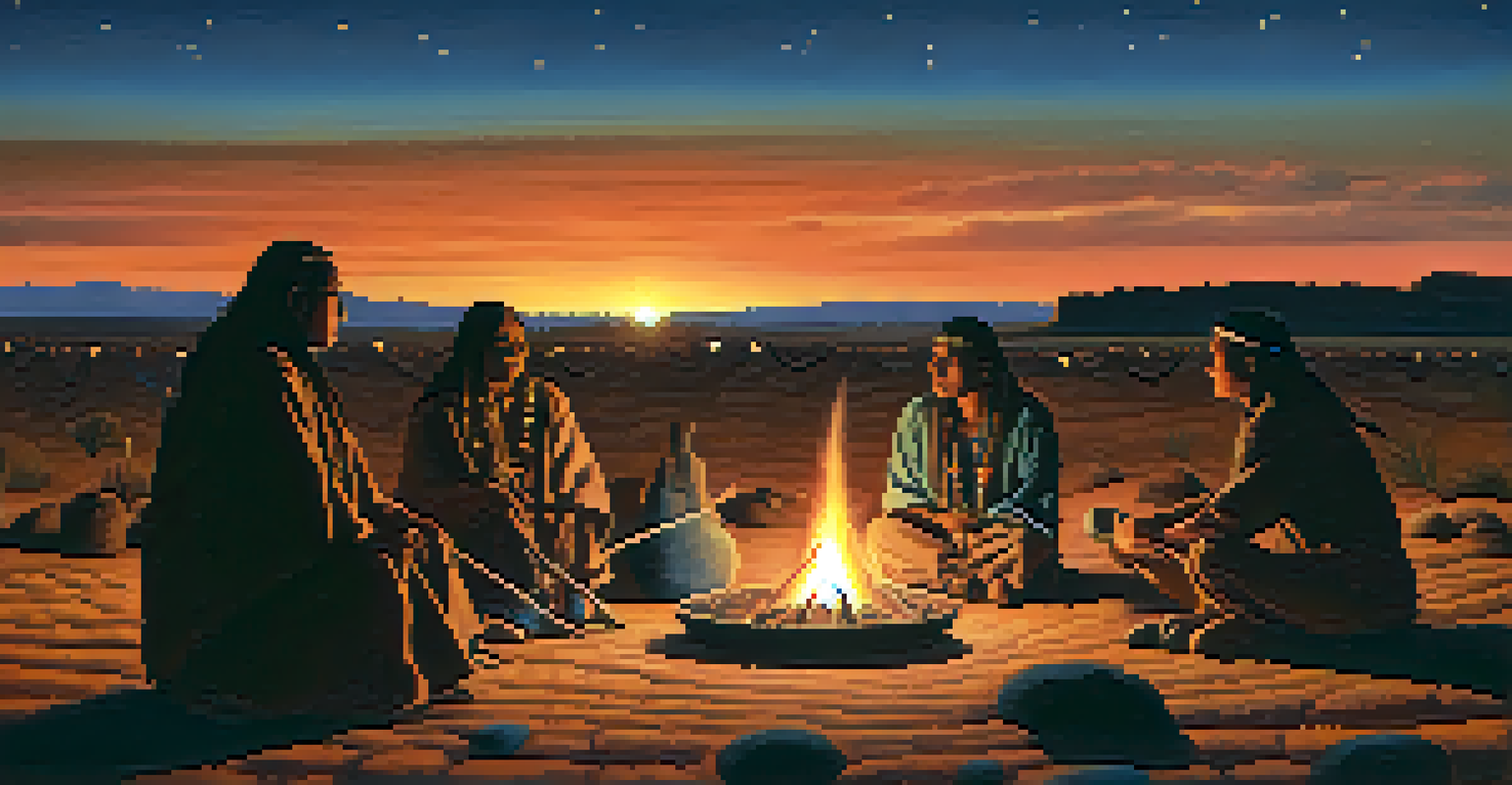 A tranquil scene of a Native American Peyote ceremony at dusk, with a campfire and participants silhouetted against a colorful sky.