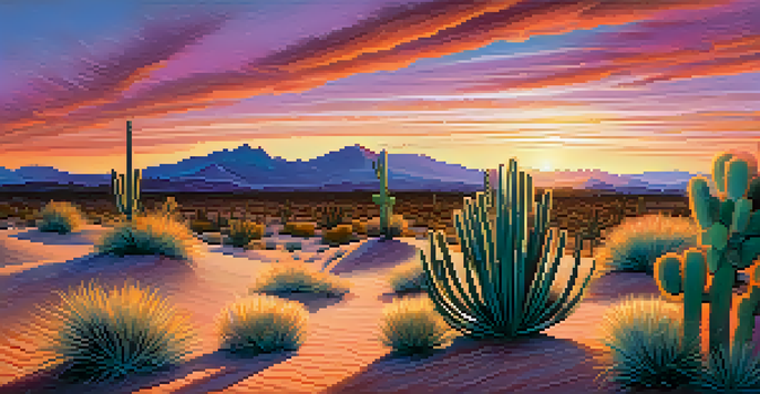 A desert landscape at dusk featuring a small peyote cactus, with a sunset sky in vibrant orange, pink, and purple colors.