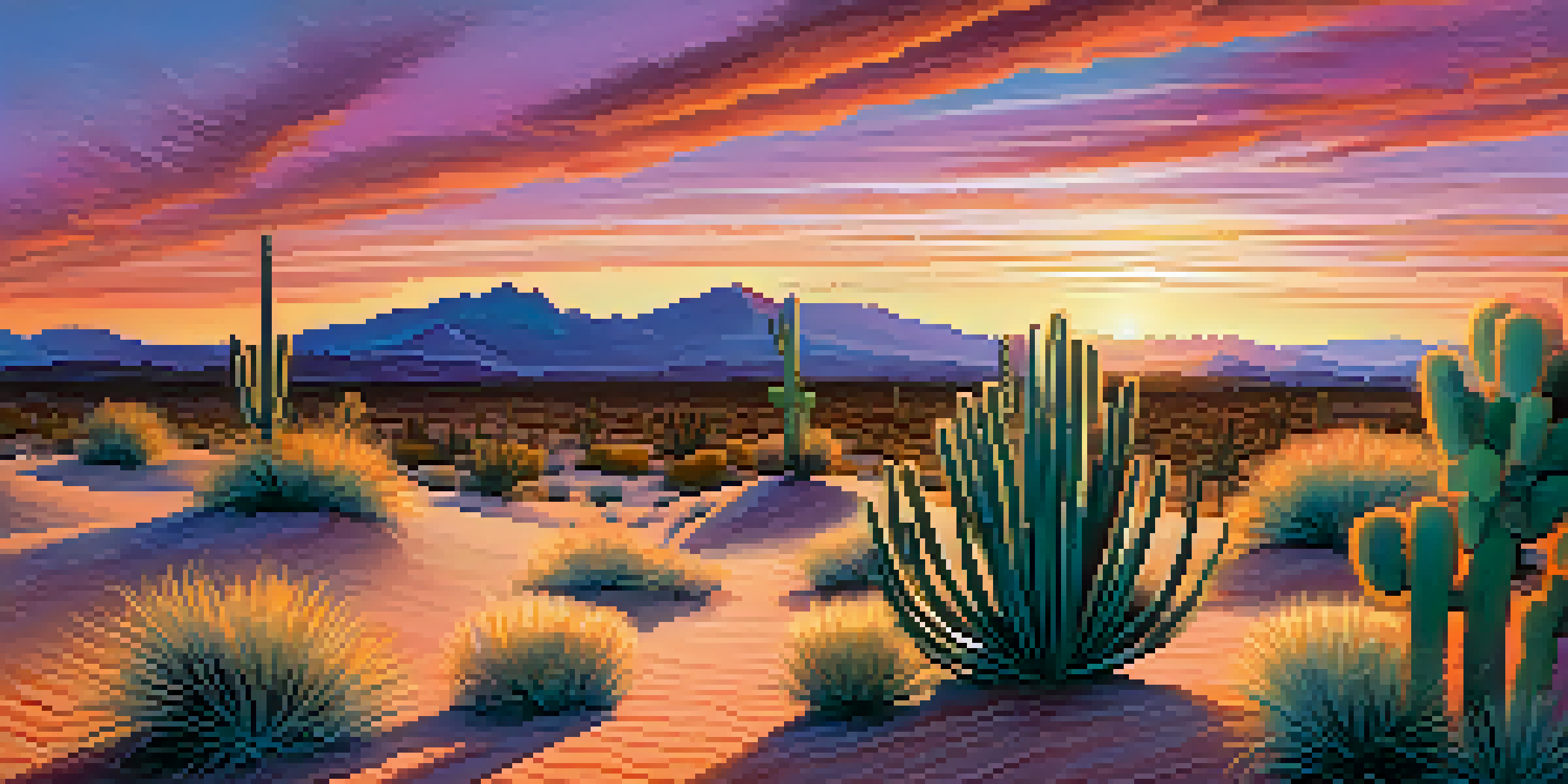 A desert landscape at dusk featuring a small peyote cactus, with a sunset sky in vibrant orange, pink, and purple colors.